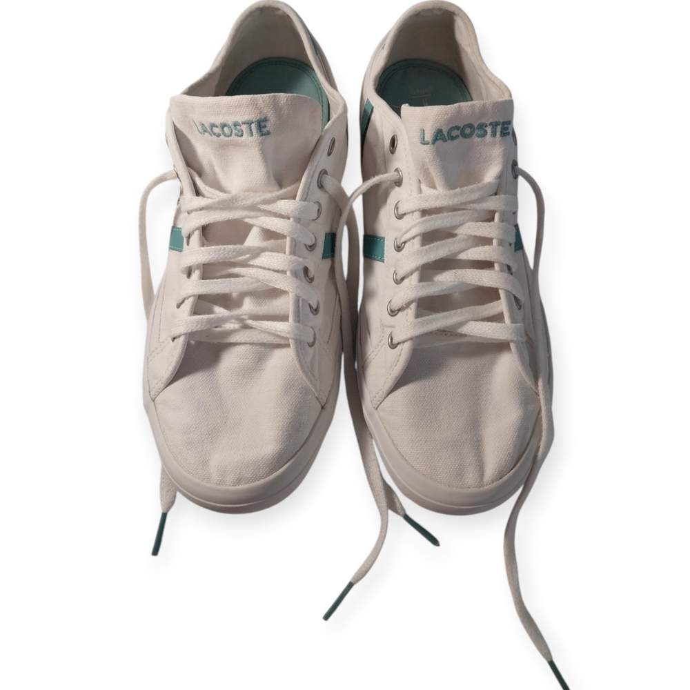 Lacoste White Canvas Sneakers Teal Stripe Size 10 Men EU 43 Cleaned